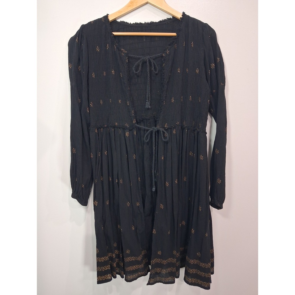 Boho Black Gold Star Celestial Gauze Smocked Tie Cardigan Long Sleeve Womens Med